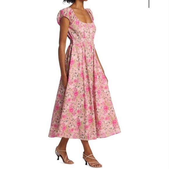 LoveShackFancy Vernon Dress Magenta Flower Fields Pink Midi Small Puff Sleeves - Picture 12 of 12